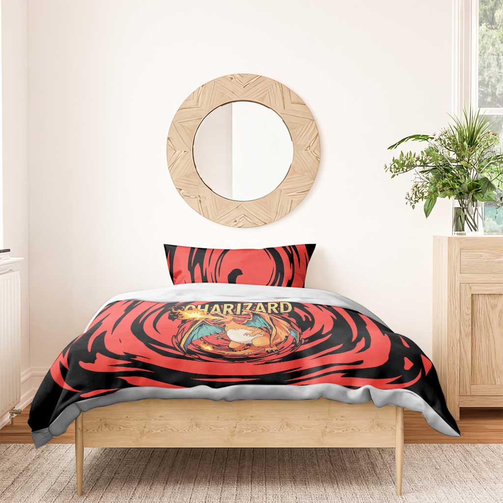 Charizard Pokémon Red and Black Swirl Design Bedding Set with Flames, Pokéball Accents, and Dynamic Fire-Breathing Pose - The Mazicc