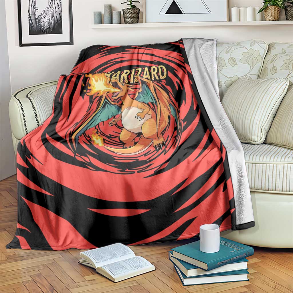 Charizard Pokémon Red and Black Swirl Design Blanket with Flames, Pokéball Accents, and Dynamic Fire-Breathing Pose - The Mazicc