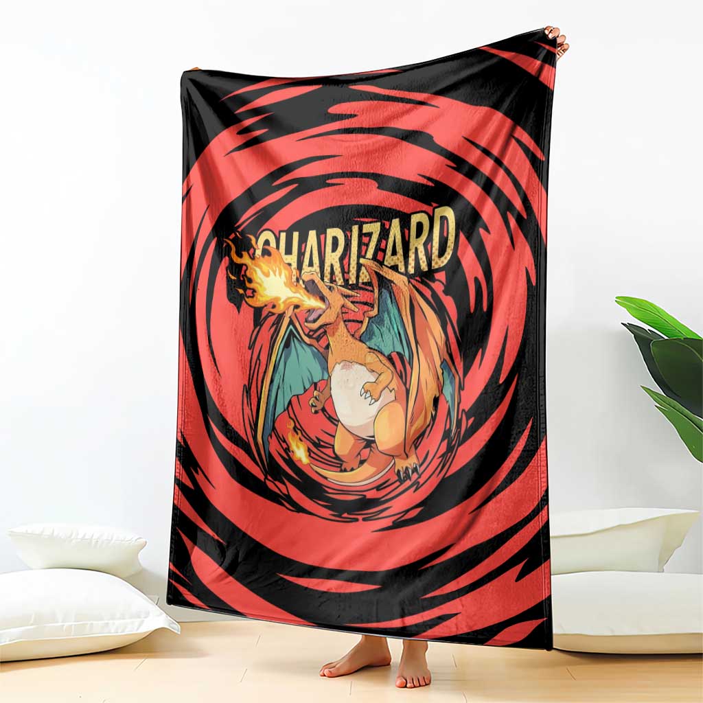 Charizard Pokémon Red and Black Swirl Design Blanket with Flames, Pokéball Accents, and Dynamic Fire-Breathing Pose - The Mazicc