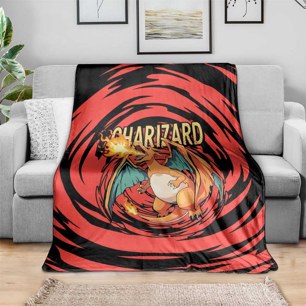 Charizard Pokémon Red and Black Swirl Design Blanket with Flames, Pokéball Accents, and Dynamic Fire-Breathing Pose - The Mazicc