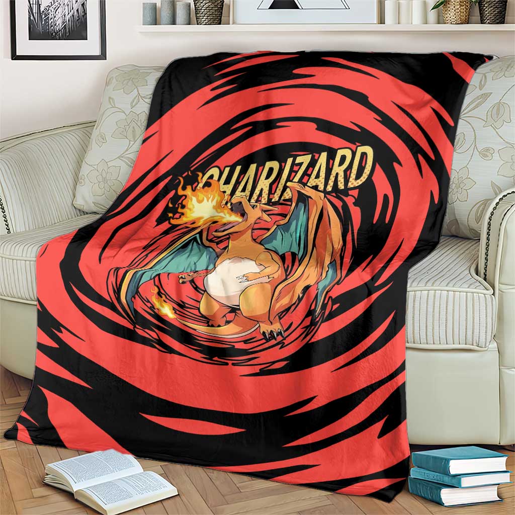 Charizard Pokémon Red and Black Swirl Design Blanket with Flames, Pokéball Accents, and Dynamic Fire-Breathing Pose - The Mazicc
