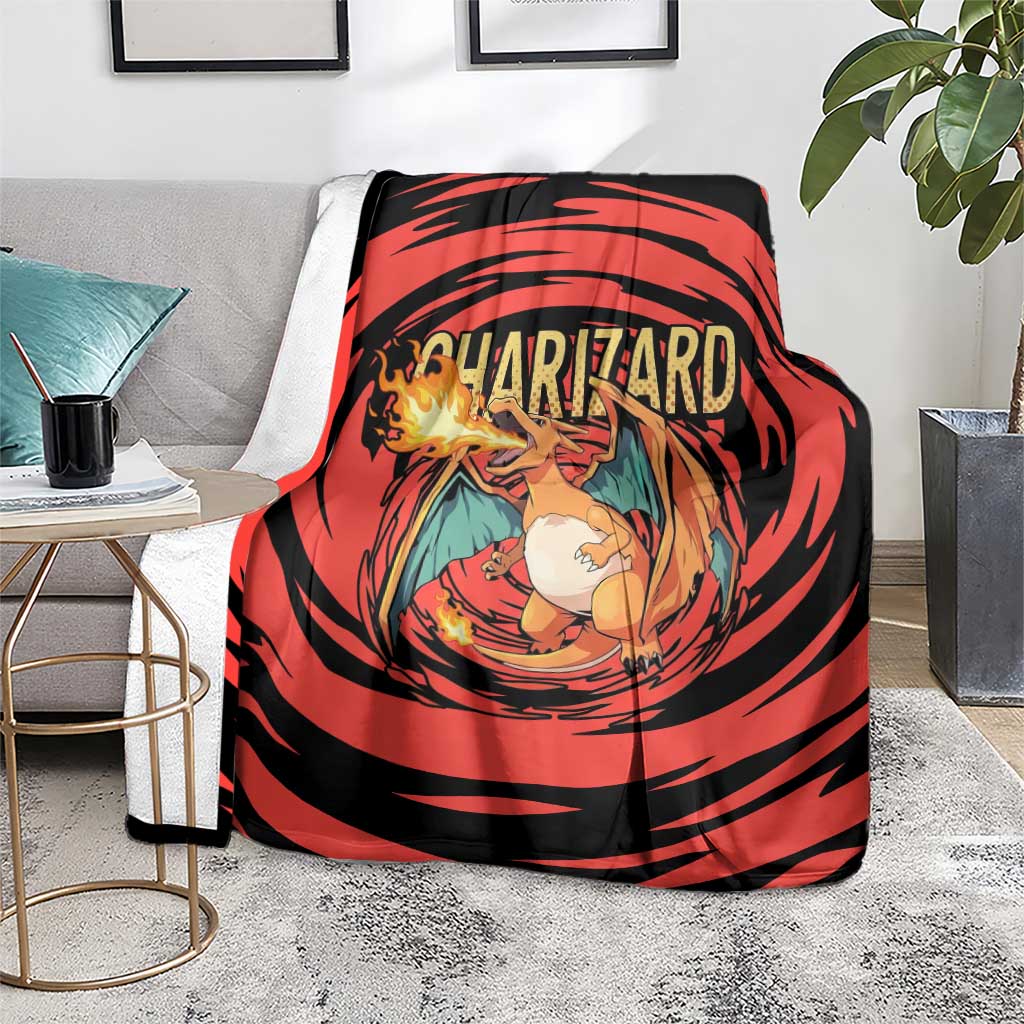 Charizard Pokémon Red and Black Swirl Design Blanket with Flames, Pokéball Accents, and Dynamic Fire-Breathing Pose - The Mazicc