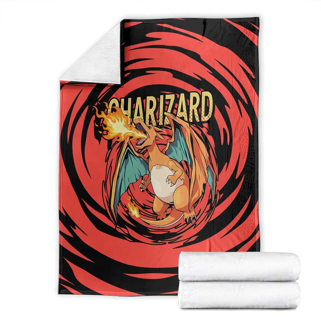 Charizard Pokémon Red and Black Swirl Design Blanket with Flames, Pokéball Accents, and Dynamic Fire-Breathing Pose - The Mazicc