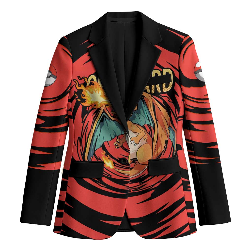 Charizard Pokémon Red and Black Swirl Design Blazer with Flames, Pokéball Accents, and Dynamic Fire-Breathing Pose - The Mazicc