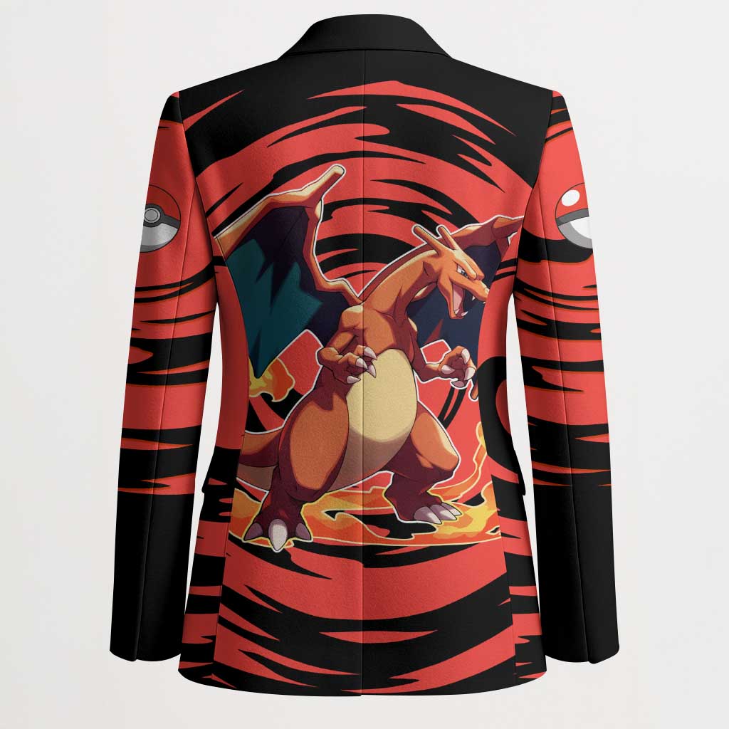Charizard Pokémon Red and Black Swirl Design Blazer with Flames, Pokéball Accents, and Dynamic Fire-Breathing Pose - The Mazicc