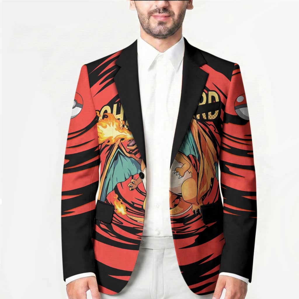 Charizard Pokémon Red and Black Swirl Design Blazer with Flames, Pokéball Accents, and Dynamic Fire-Breathing Pose - The Mazicc