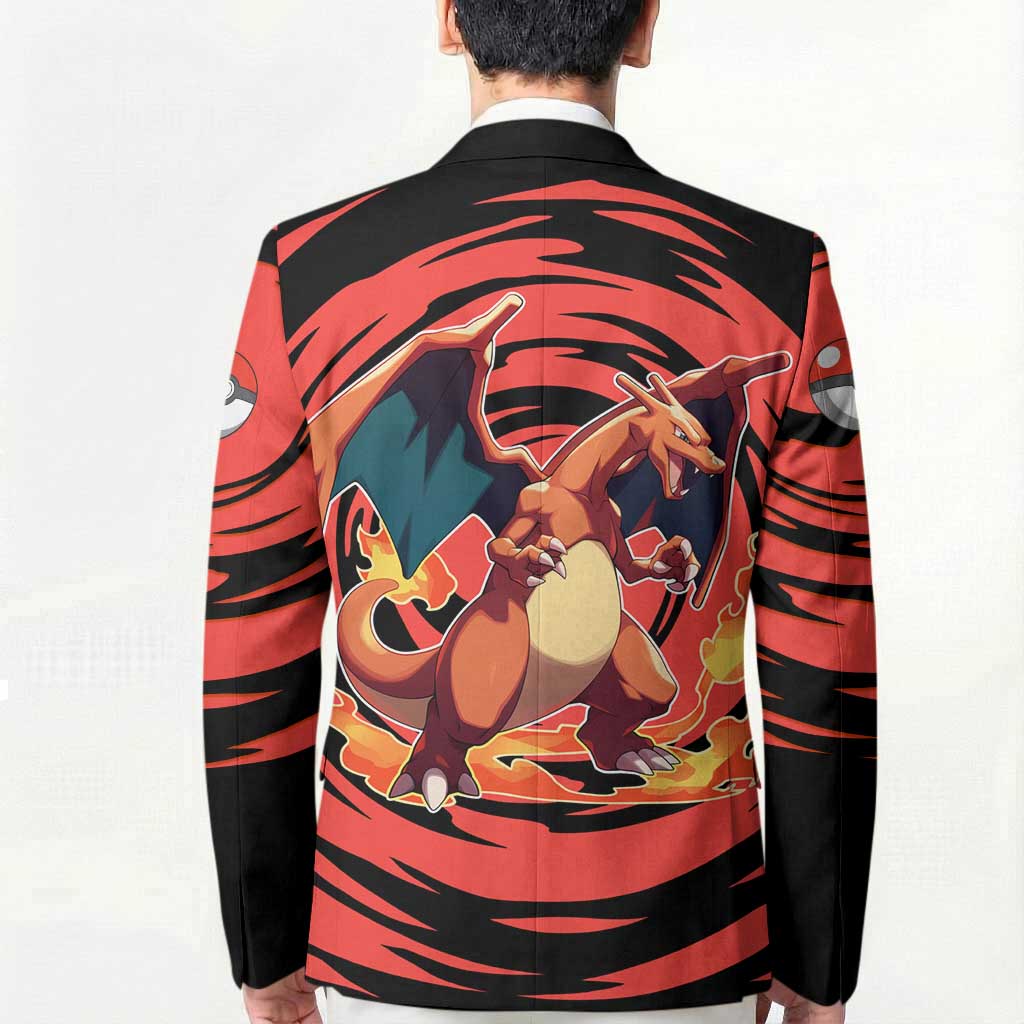Charizard Pokémon Red and Black Swirl Design Blazer with Flames, Pokéball Accents, and Dynamic Fire-Breathing Pose - The Mazicc