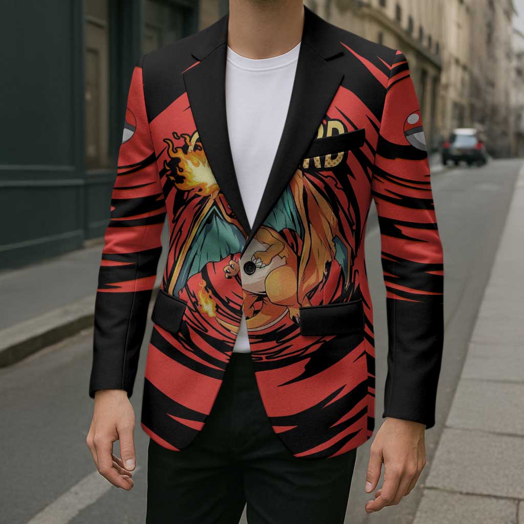 Charizard Pokémon Red and Black Swirl Design Blazer with Flames, Pokéball Accents, and Dynamic Fire-Breathing Pose - The Mazicc