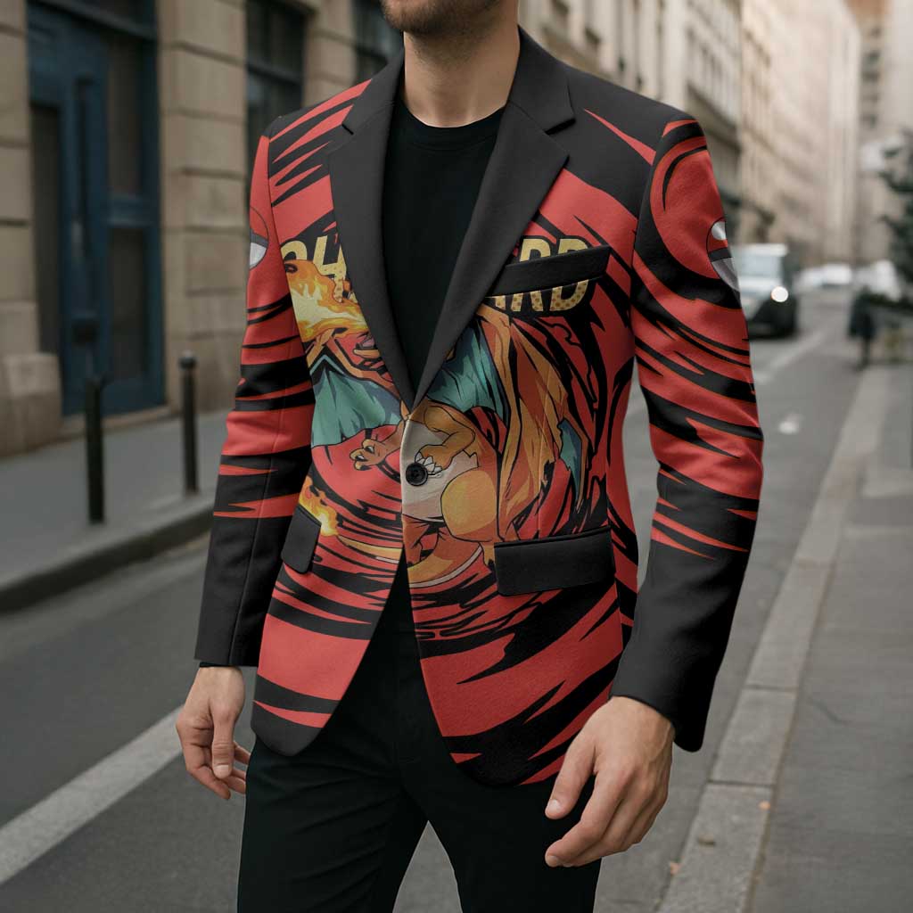 Charizard Pokémon Red and Black Swirl Design Blazer with Flames, Pokéball Accents, and Dynamic Fire-Breathing Pose - The Mazicc