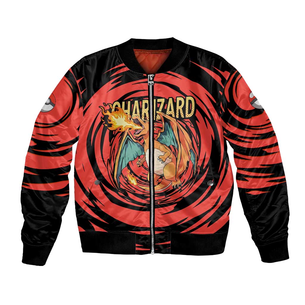 Charizard Pokémon Red and Black Swirl Design Bomber Jacket with Flames, Pokéball Accents, and Dynamic Fire-Breathing Pose - The Mazicc