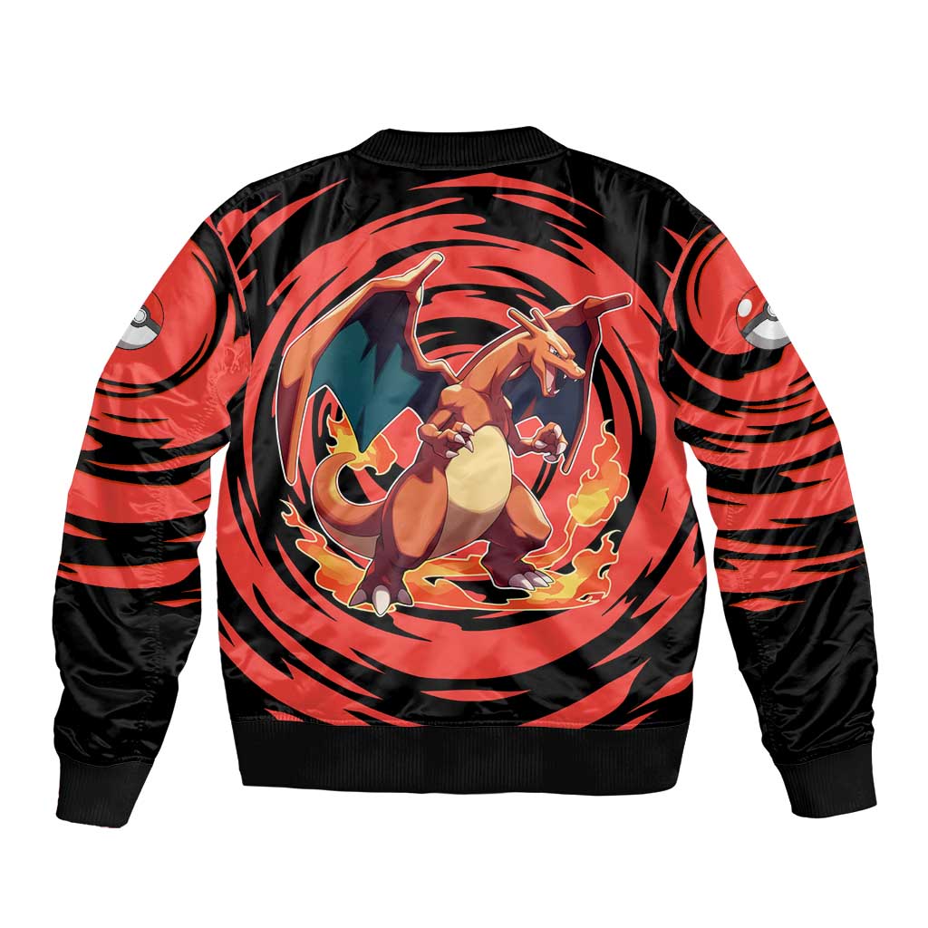 Charizard Pokémon Red and Black Swirl Design Bomber Jacket with Flames, Pokéball Accents, and Dynamic Fire-Breathing Pose - The Mazicc