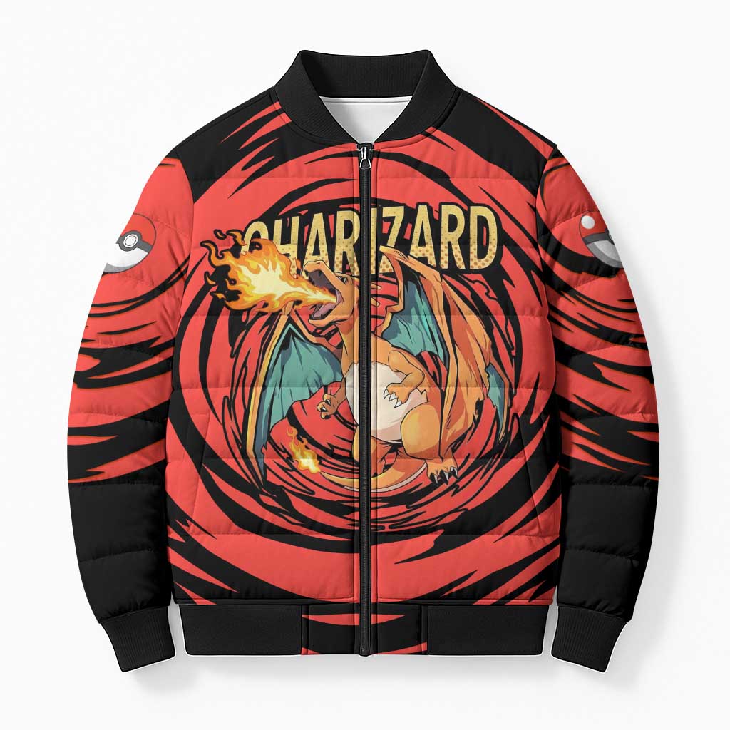 Charizard Pokémon Red and Black Swirl Design Bomber Puffer Jacket with Flames, Pokéball Accents, and Dynamic Fire-Breathing Pose - The Mazicc