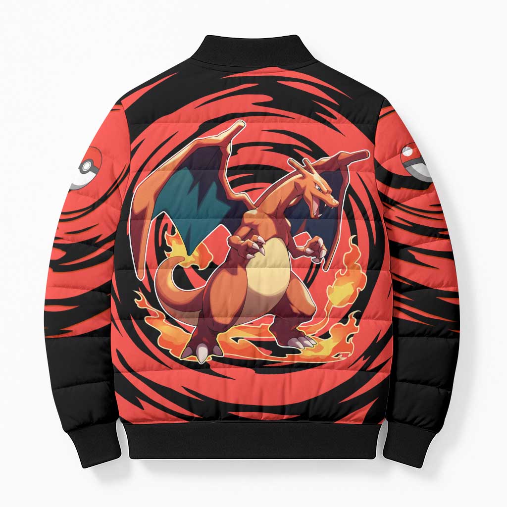 Charizard Pokémon Red and Black Swirl Design Bomber Puffer Jacket with Flames, Pokéball Accents, and Dynamic Fire-Breathing Pose - The Mazicc