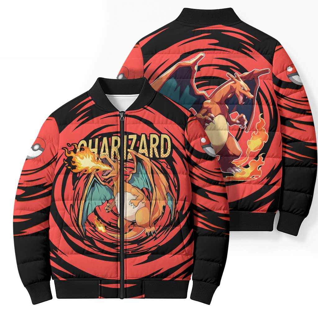 Charizard Pokémon Red and Black Swirl Design Bomber Puffer Jacket with Flames, Pokéball Accents, and Dynamic Fire-Breathing Pose - The Mazicc
