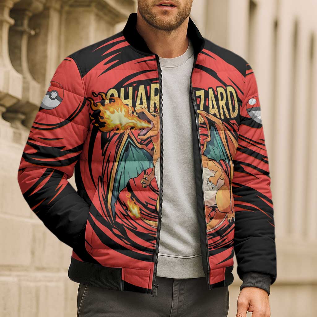 Charizard Pokémon Red and Black Swirl Design Bomber Puffer Jacket with Flames, Pokéball Accents, and Dynamic Fire-Breathing Pose - The Mazicc
