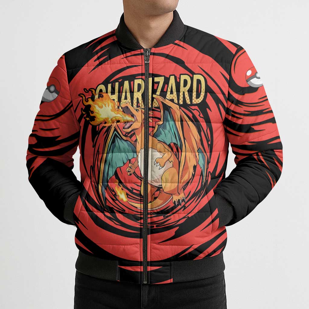 Charizard Pokémon Red and Black Swirl Design Bomber Puffer Jacket with Flames, Pokéball Accents, and Dynamic Fire-Breathing Pose - The Mazicc