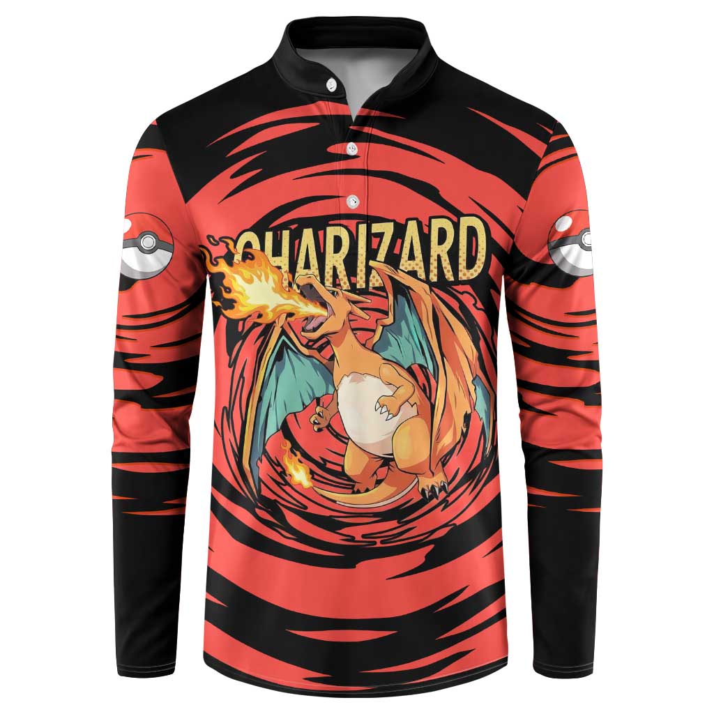 Charizard Pokémon Red and Black Swirl Design Button Sweatshirt with Flames, Pokéball Accents, and Dynamic Fire-Breathing Pose - The Mazicc