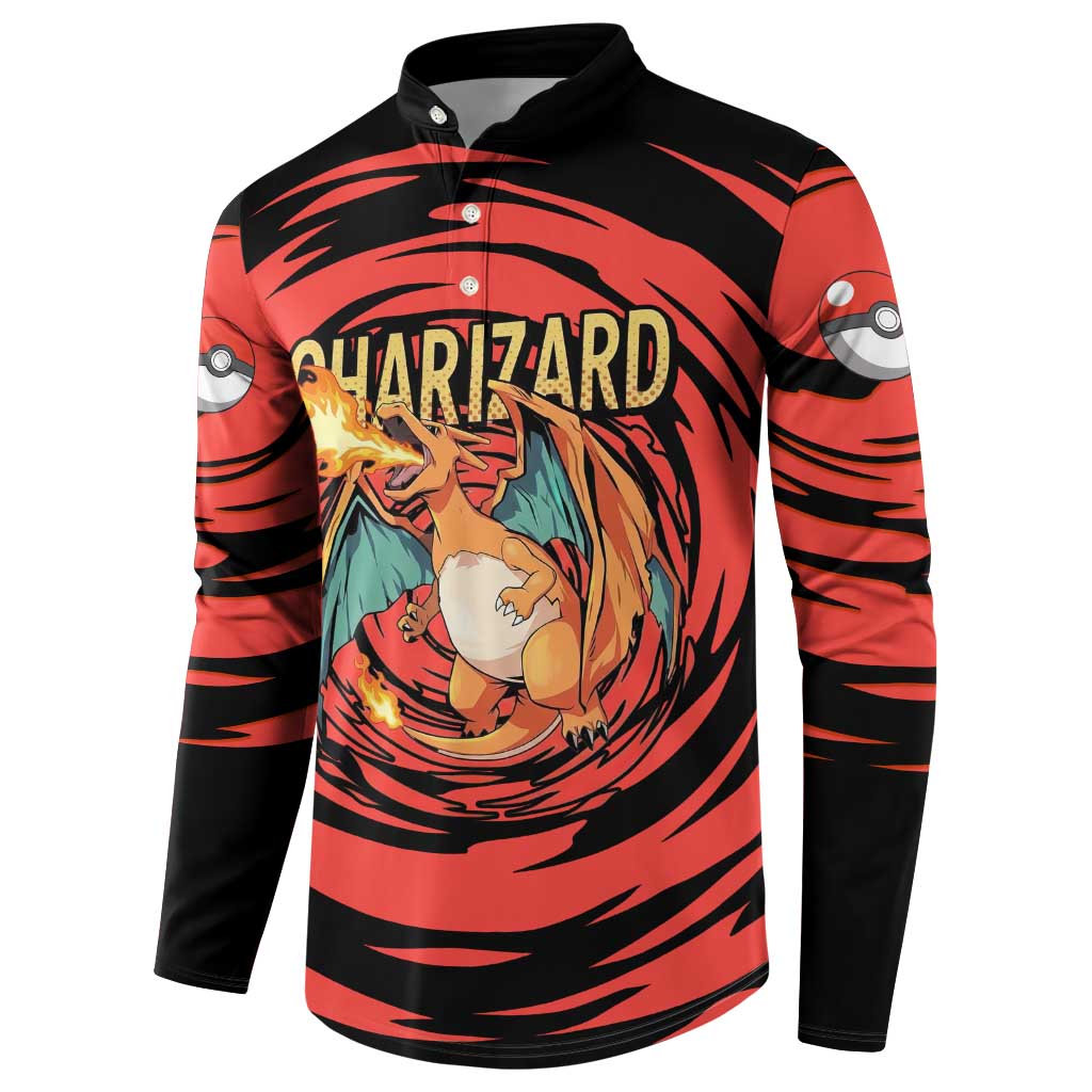 Charizard Pokémon Red and Black Swirl Design Button Sweatshirt with Flames, Pokéball Accents, and Dynamic Fire-Breathing Pose - The Mazicc