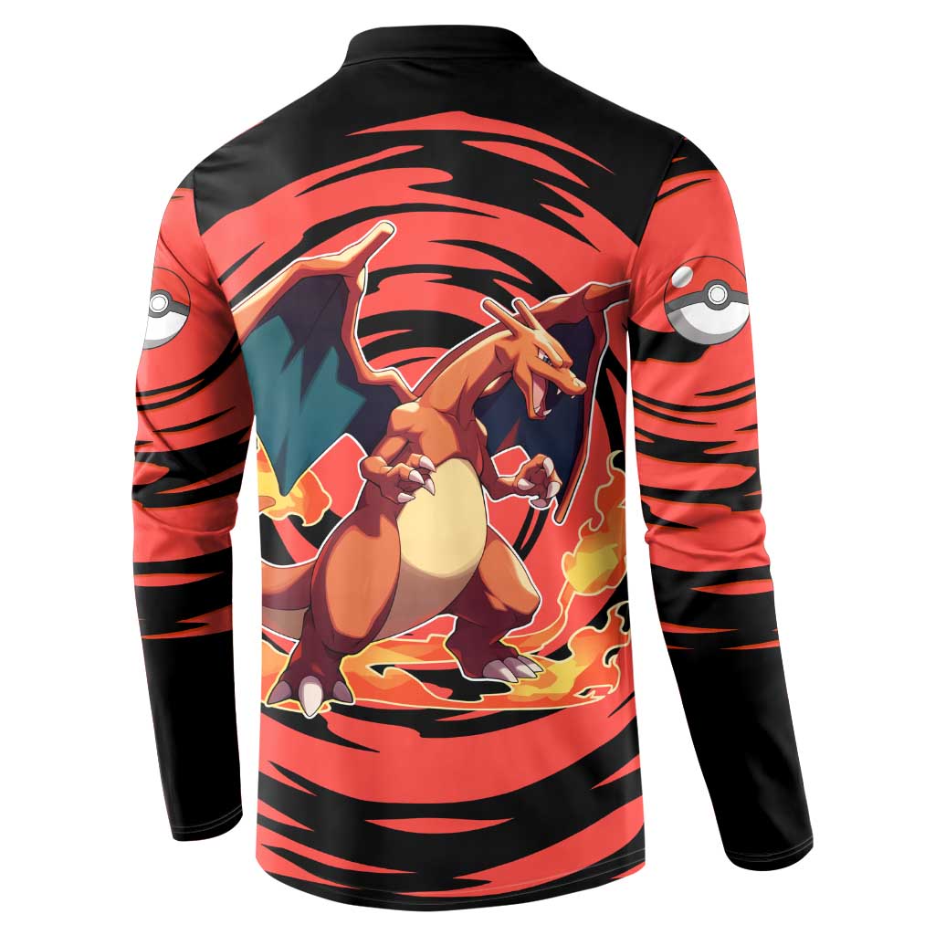 Charizard Pokémon Red and Black Swirl Design Button Sweatshirt with Flames, Pokéball Accents, and Dynamic Fire-Breathing Pose - The Mazicc