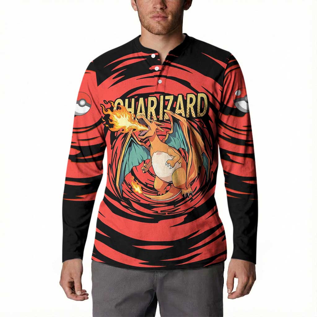 Charizard Pokémon Red and Black Swirl Design Button Sweatshirt with Flames, Pokéball Accents, and Dynamic Fire-Breathing Pose - The Mazicc