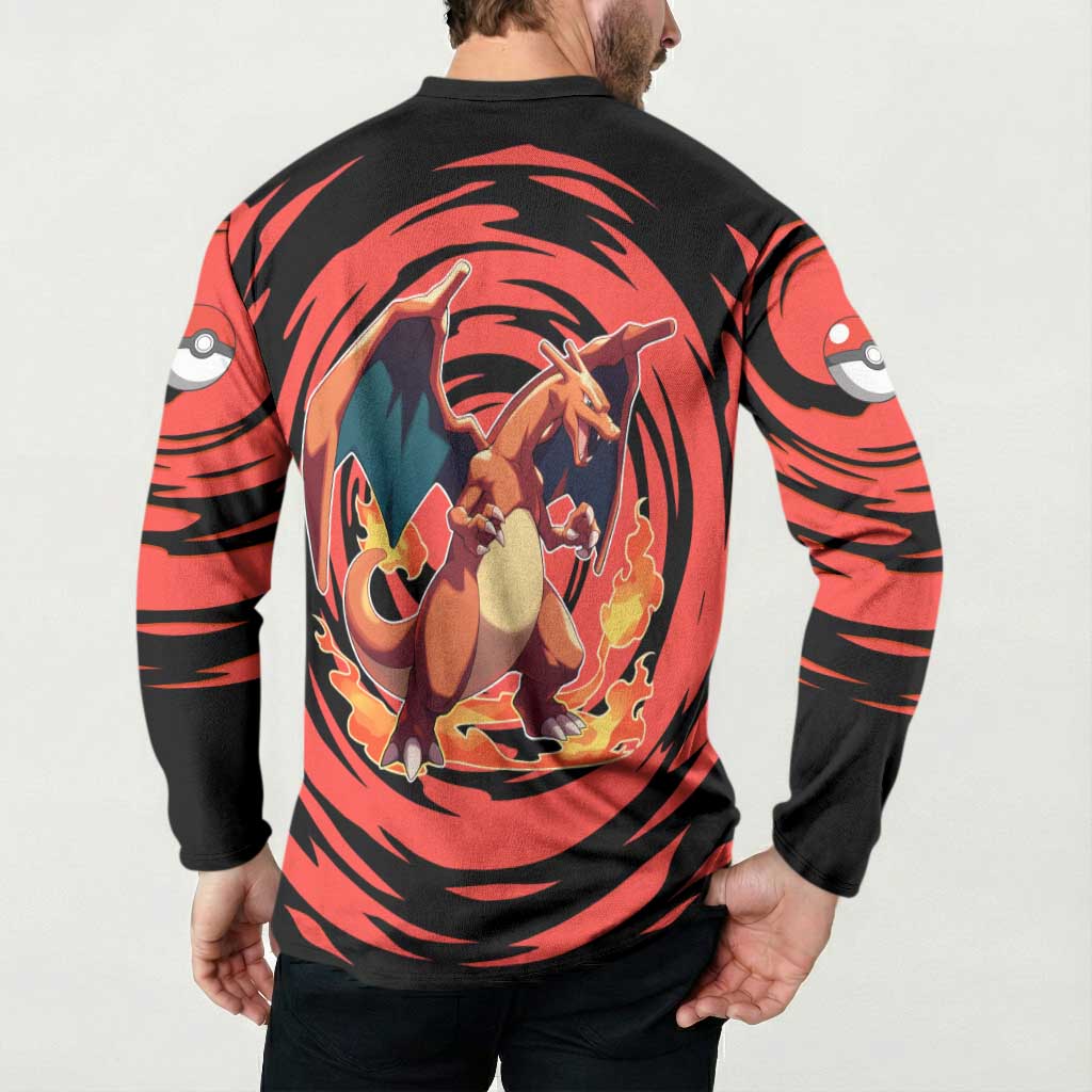 Charizard Pokémon Red and Black Swirl Design Button Sweatshirt with Flames, Pokéball Accents, and Dynamic Fire-Breathing Pose - The Mazicc