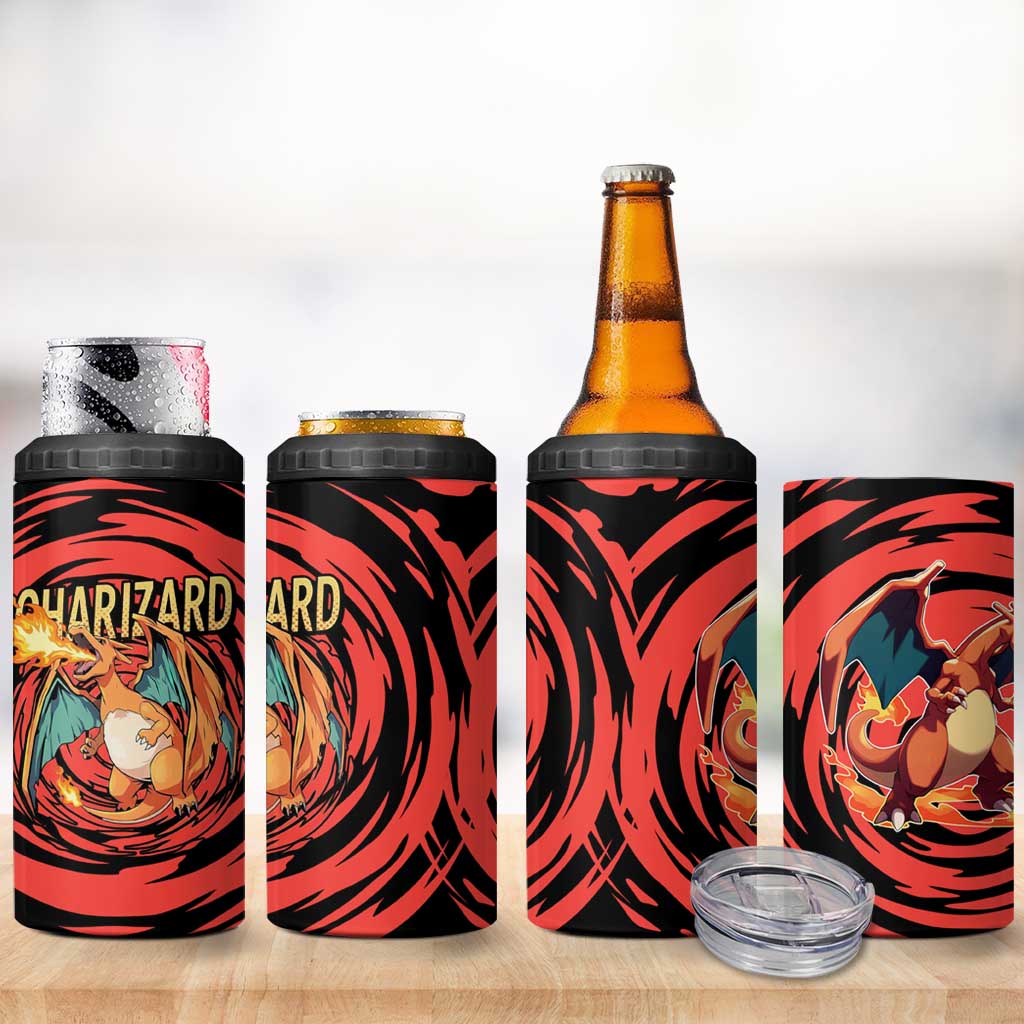 Charizard Pokémon Red and Black Swirl Design 4 in 1 Can Cooler Tumbler with Flames, Pokéball Accents, and Dynamic Fire-Breathing Pose - The Mazicc