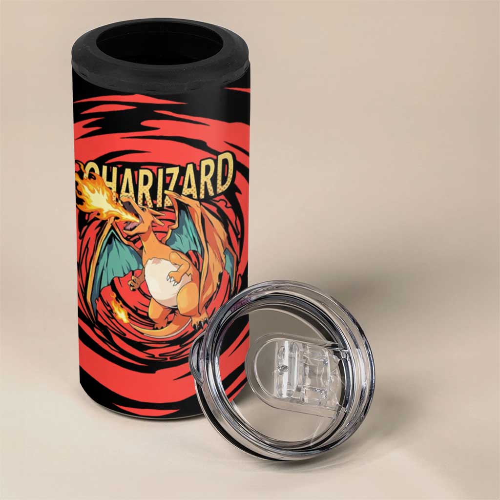 Charizard Pokémon Red and Black Swirl Design 4 in 1 Can Cooler Tumbler with Flames, Pokéball Accents, and Dynamic Fire-Breathing Pose - The Mazicc