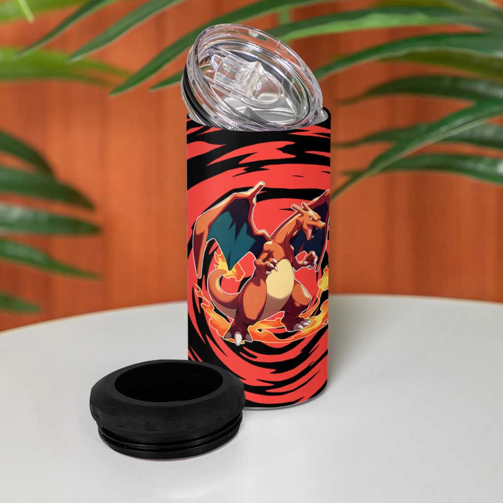 Charizard Pokémon Red and Black Swirl Design 4 in 1 Can Cooler Tumbler with Flames, Pokéball Accents, and Dynamic Fire-Breathing Pose - The Mazicc