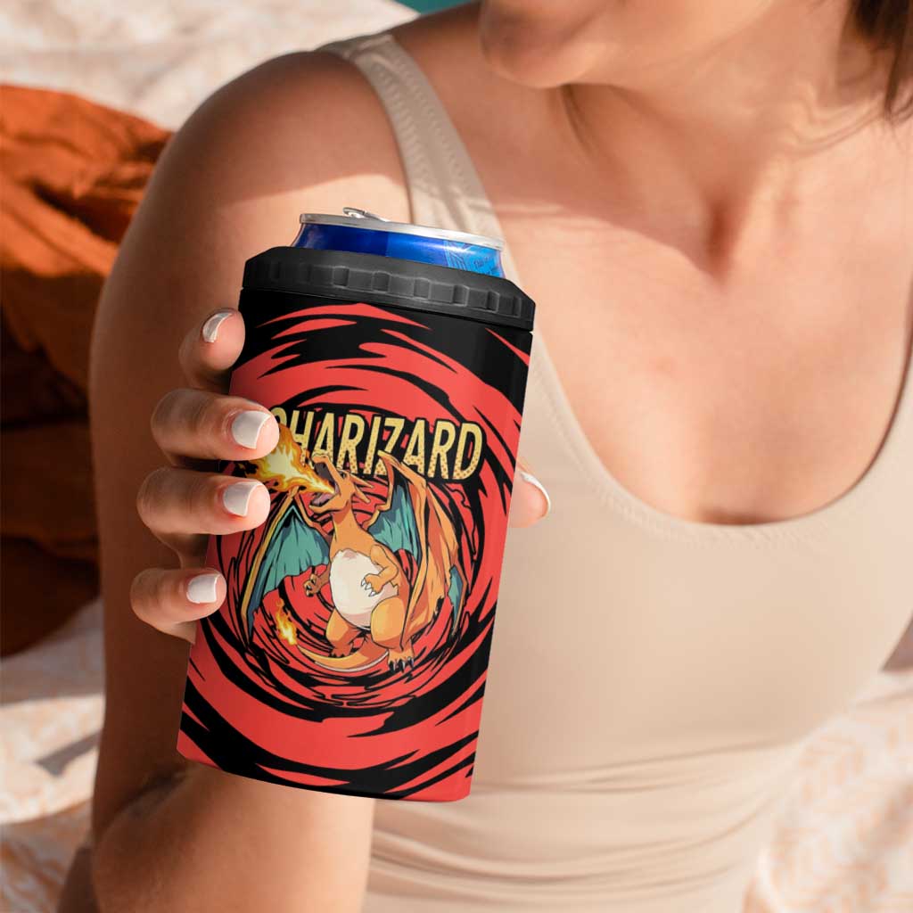 Charizard Pokémon Red and Black Swirl Design 4 in 1 Can Cooler Tumbler with Flames, Pokéball Accents, and Dynamic Fire-Breathing Pose - The Mazicc