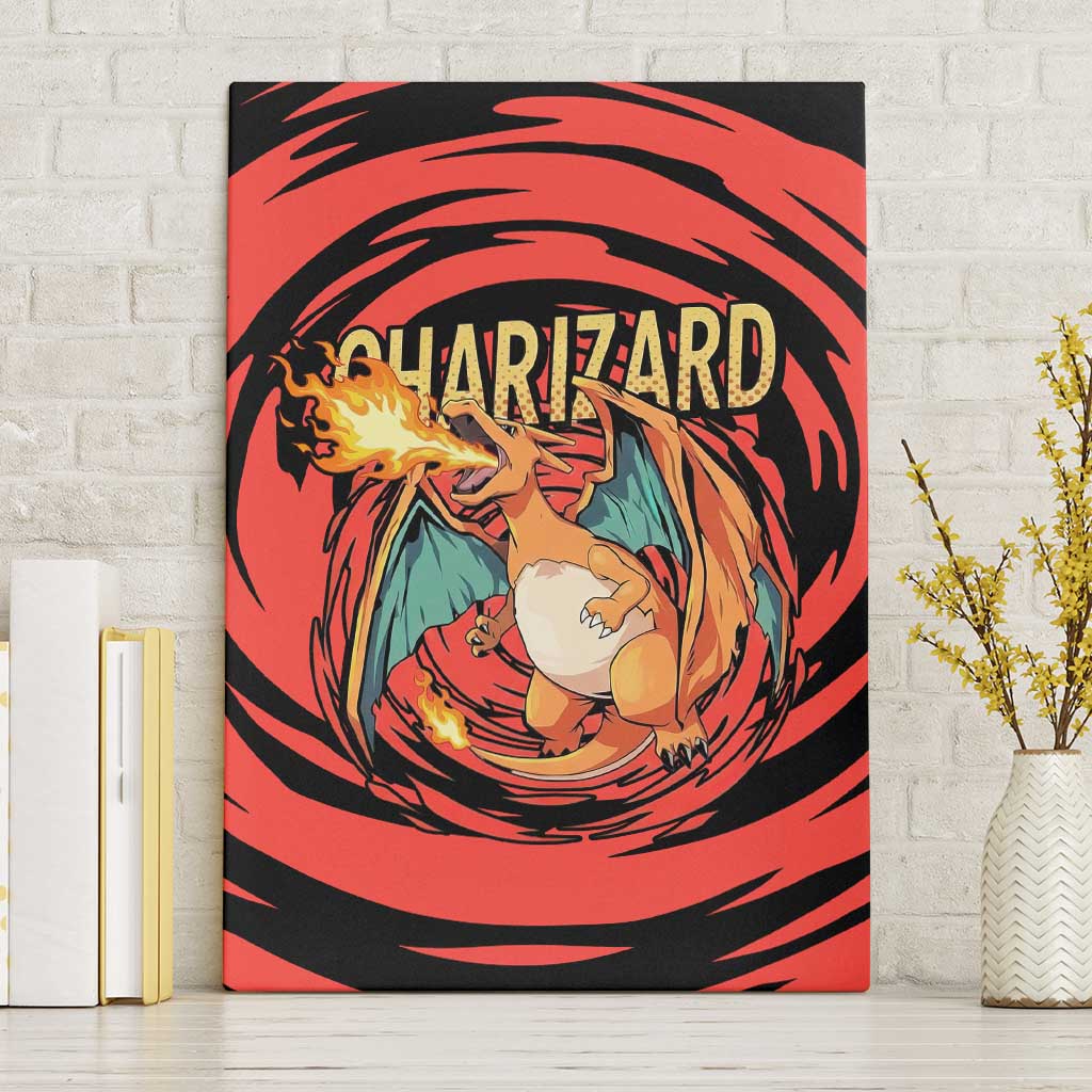 Charizard Pokémon Red and Black Swirl Design Canvas Wall Art with Flames, Pokéball Accents, and Dynamic Fire-Breathing Pose - The Mazicc