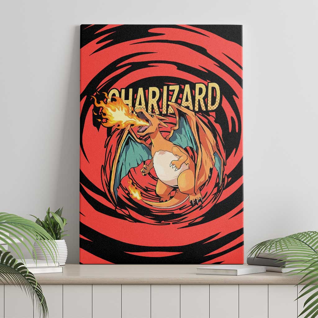 Charizard Pokémon Red and Black Swirl Design Canvas Wall Art with Flames, Pokéball Accents, and Dynamic Fire-Breathing Pose - The Mazicc