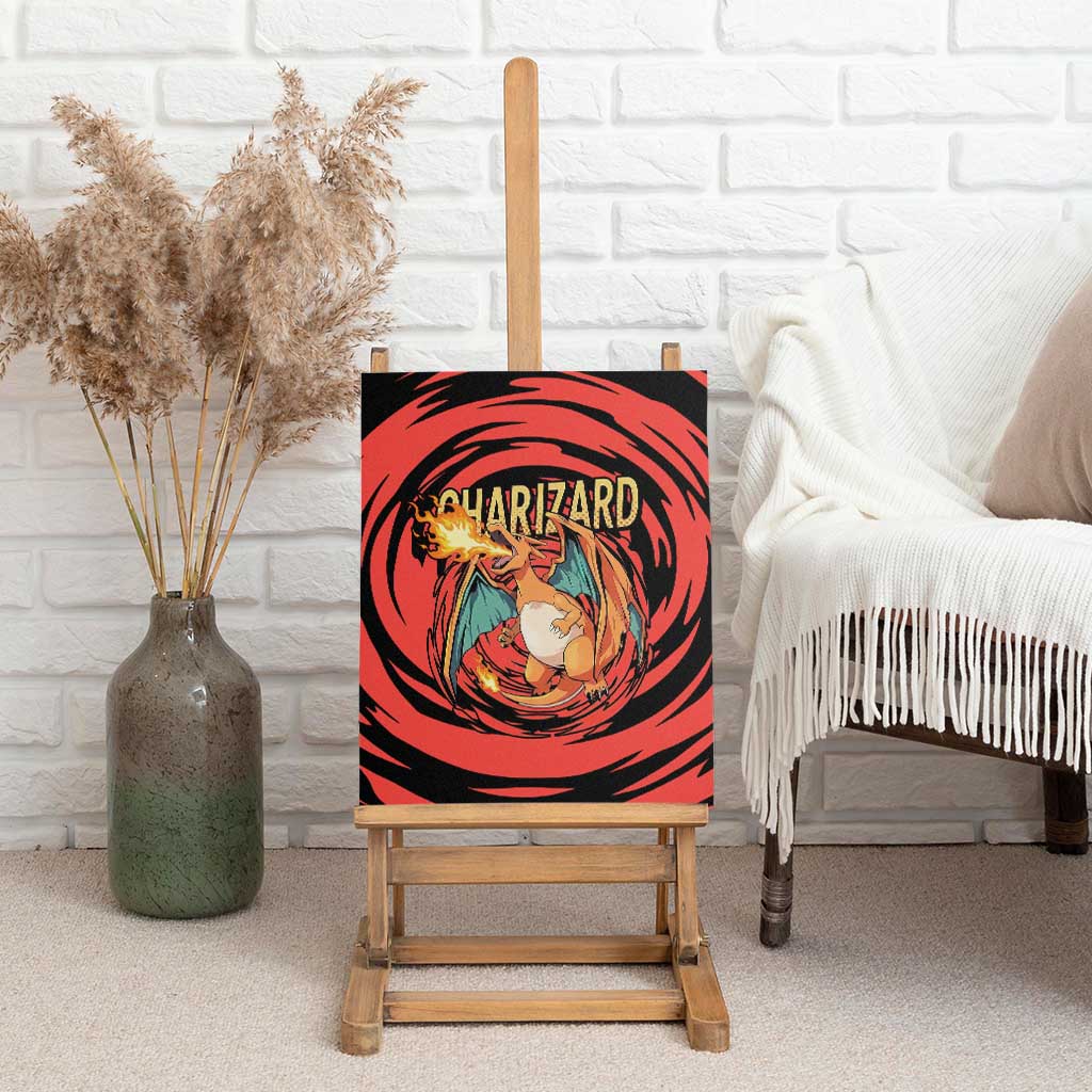 Charizard Pokémon Red and Black Swirl Design Canvas Wall Art with Flames, Pokéball Accents, and Dynamic Fire-Breathing Pose - The Mazicc