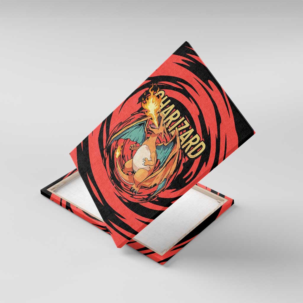Charizard Pokémon Red and Black Swirl Design Canvas Wall Art with Flames, Pokéball Accents, and Dynamic Fire-Breathing Pose - The Mazicc