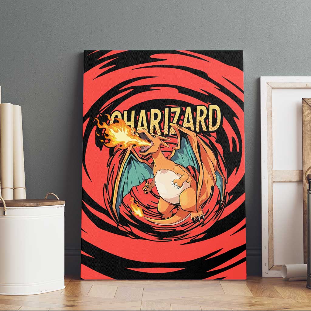 Charizard Pokémon Red and Black Swirl Design Canvas Wall Art with Flames, Pokéball Accents, and Dynamic Fire-Breathing Pose - The Mazicc