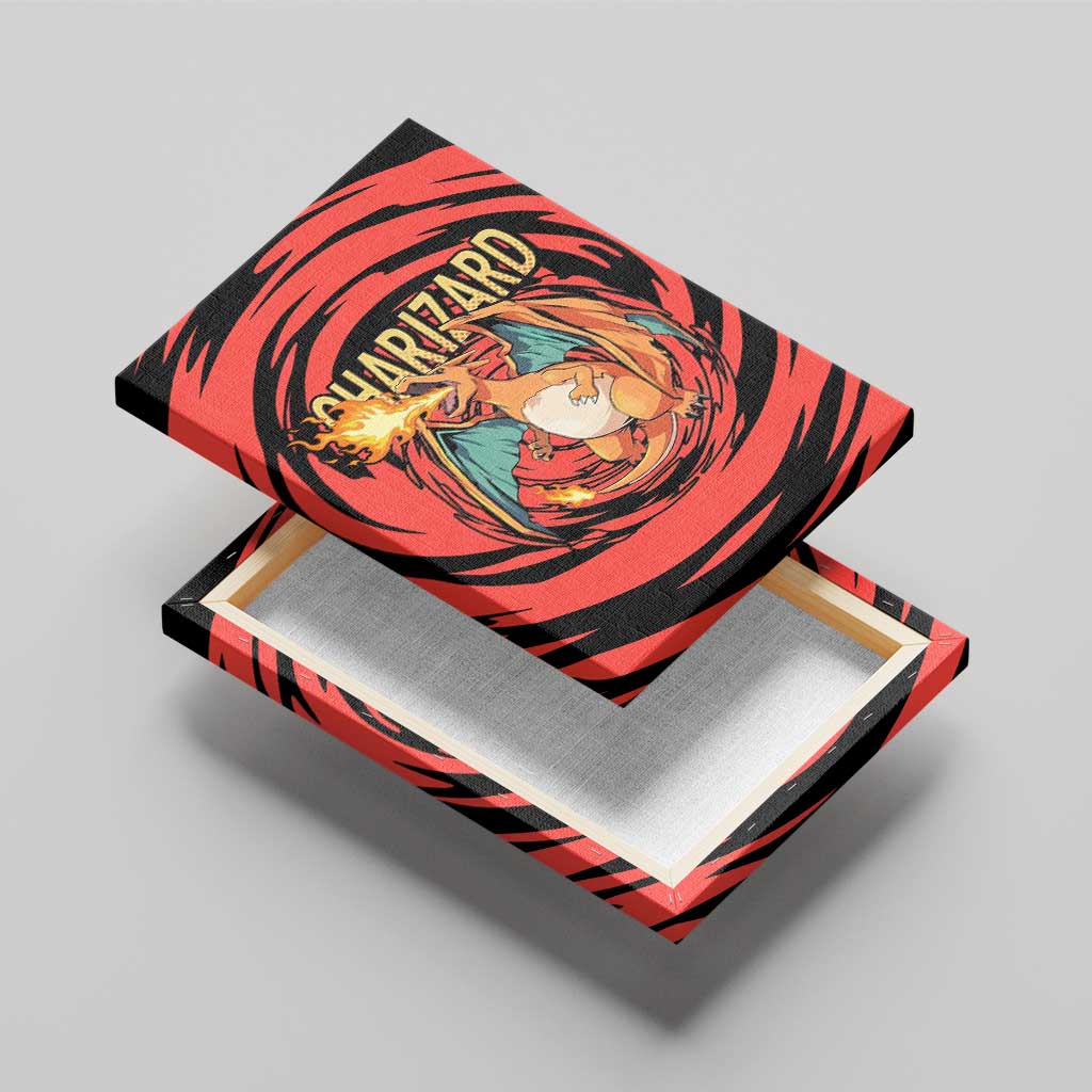 Charizard Pokémon Red and Black Swirl Design Canvas Wall Art with Flames, Pokéball Accents, and Dynamic Fire-Breathing Pose - The Mazicc
