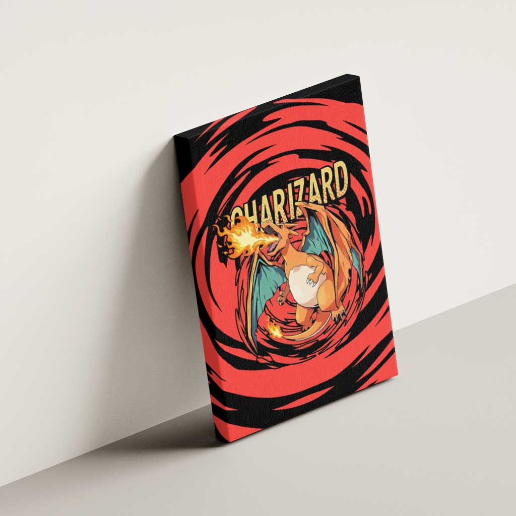 Charizard Pokémon Red and Black Swirl Design Canvas Wall Art with Flames, Pokéball Accents, and Dynamic Fire-Breathing Pose - The Mazicc