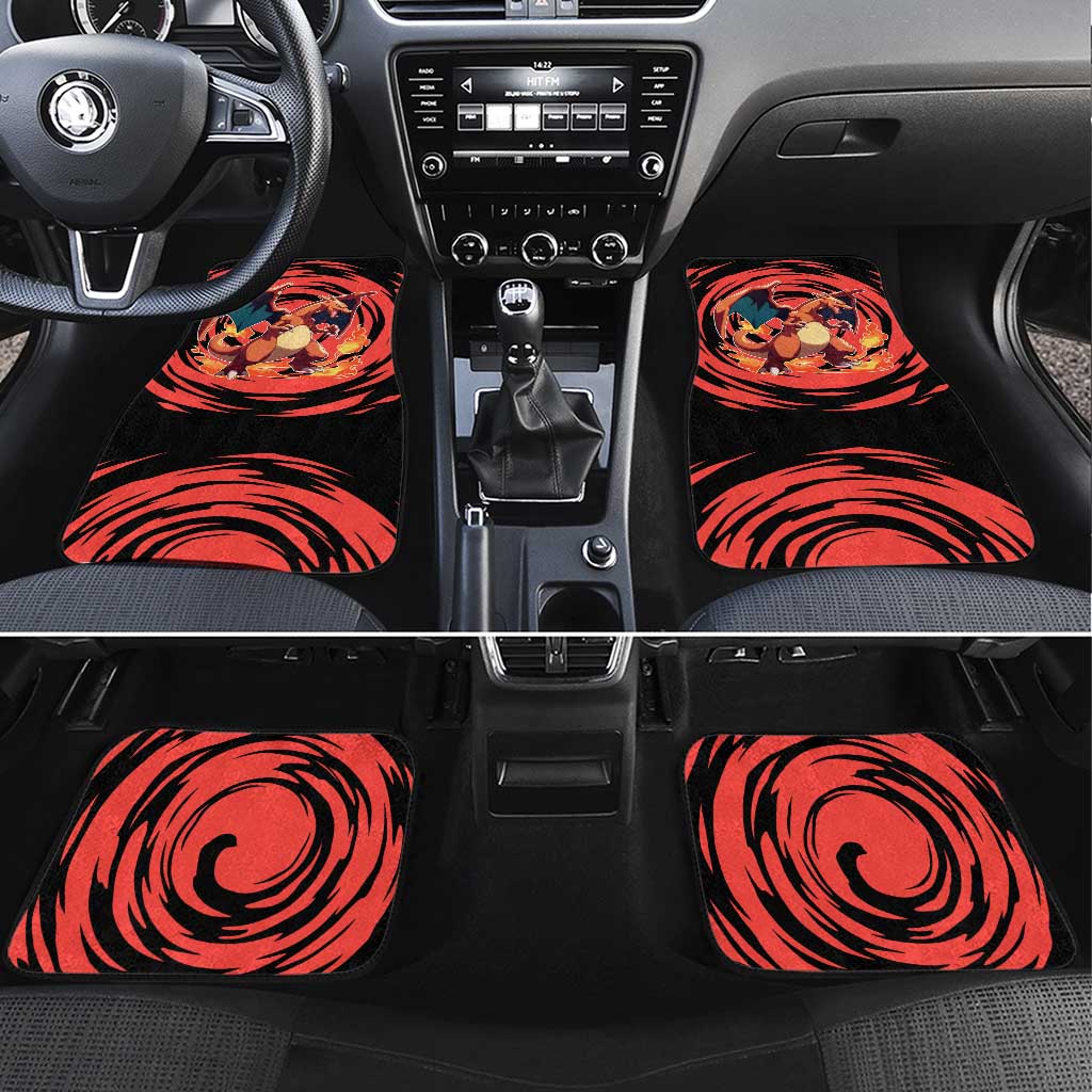 Charizard Pokémon Red and Black Swirl Design Car Mats with Flames, Pokéball Accents, and Dynamic Fire-Breathing Pose - The Mazicc