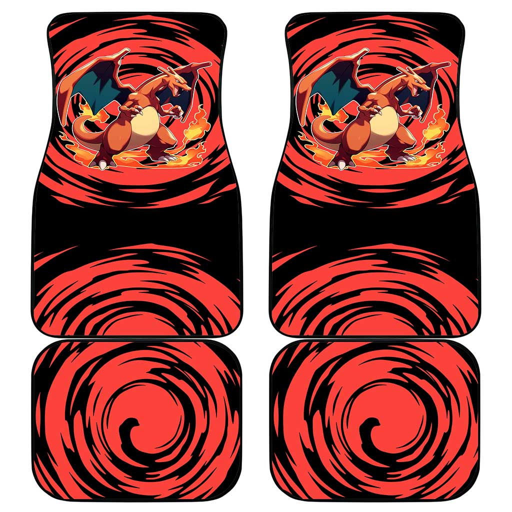 Charizard Pokémon Red and Black Swirl Design Car Mats with Flames, Pokéball Accents, and Dynamic Fire-Breathing Pose - The Mazicc