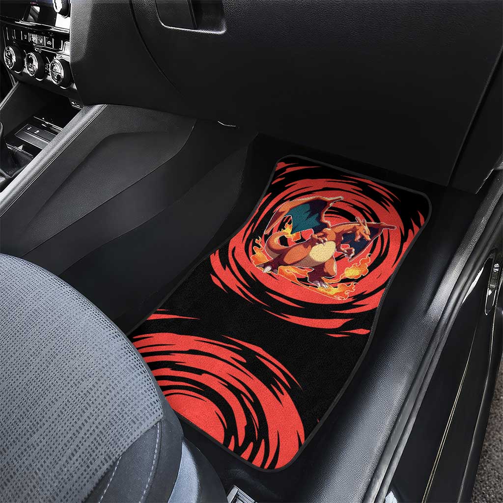 Charizard Pokémon Red and Black Swirl Design Car Mats with Flames, Pokéball Accents, and Dynamic Fire-Breathing Pose - The Mazicc