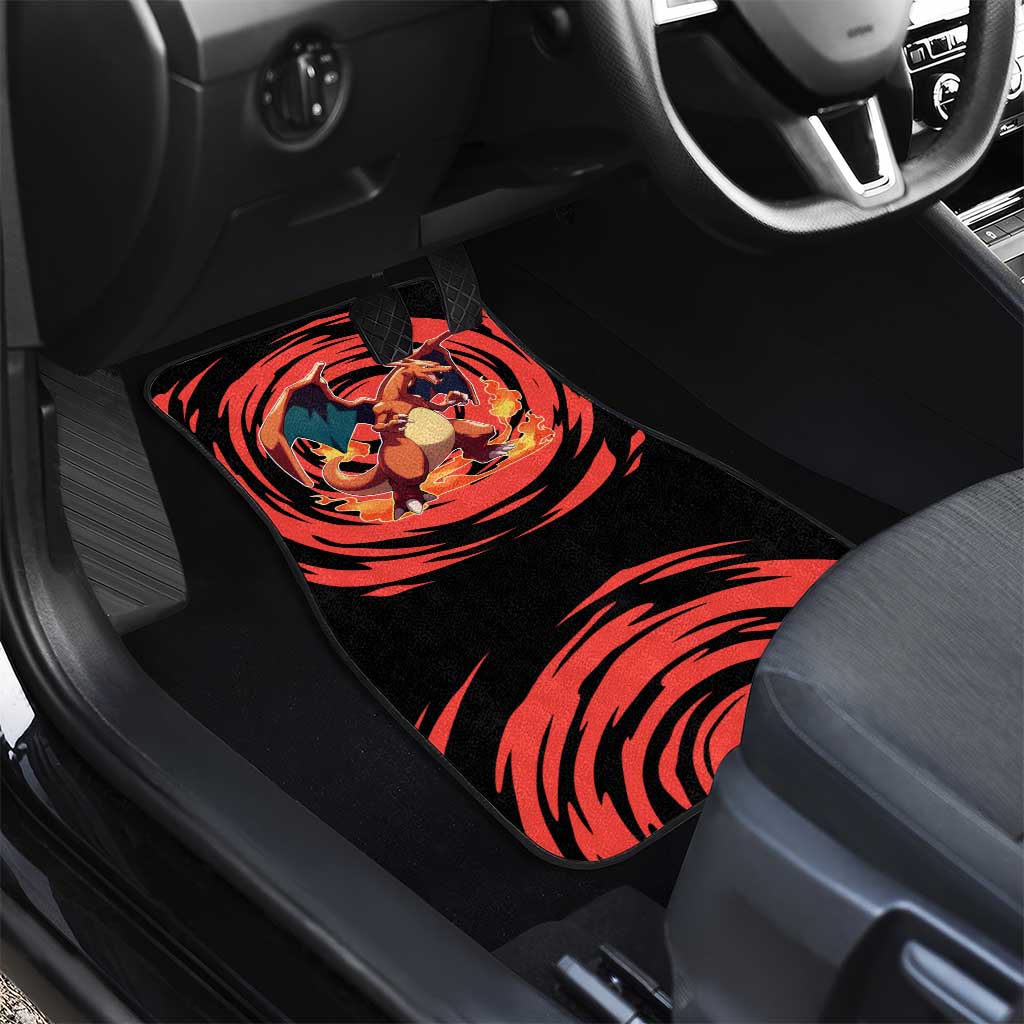 Charizard Pokémon Red and Black Swirl Design Car Mats with Flames, Pokéball Accents, and Dynamic Fire-Breathing Pose - The Mazicc