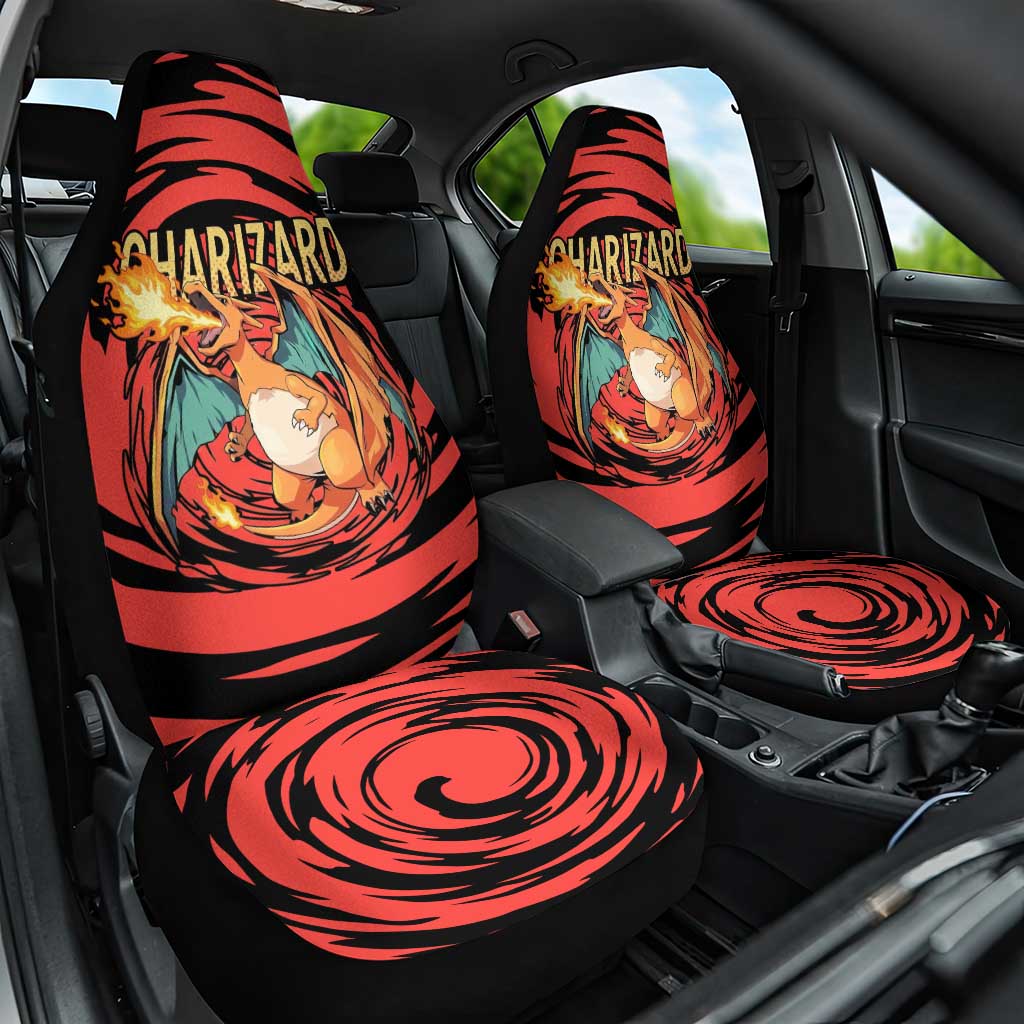 Charizard Pokémon Red and Black Swirl Design Car Seat Cover with Flames, Pokéball Accents, and Dynamic Fire-Breathing Pose - The Mazicc