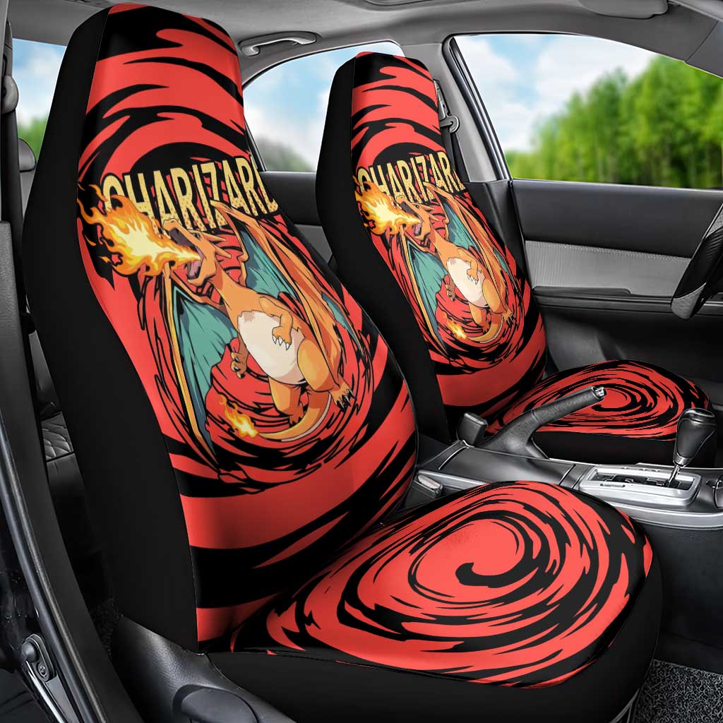 Charizard Pokémon Red and Black Swirl Design Car Seat Cover with Flames, Pokéball Accents, and Dynamic Fire-Breathing Pose - The Mazicc