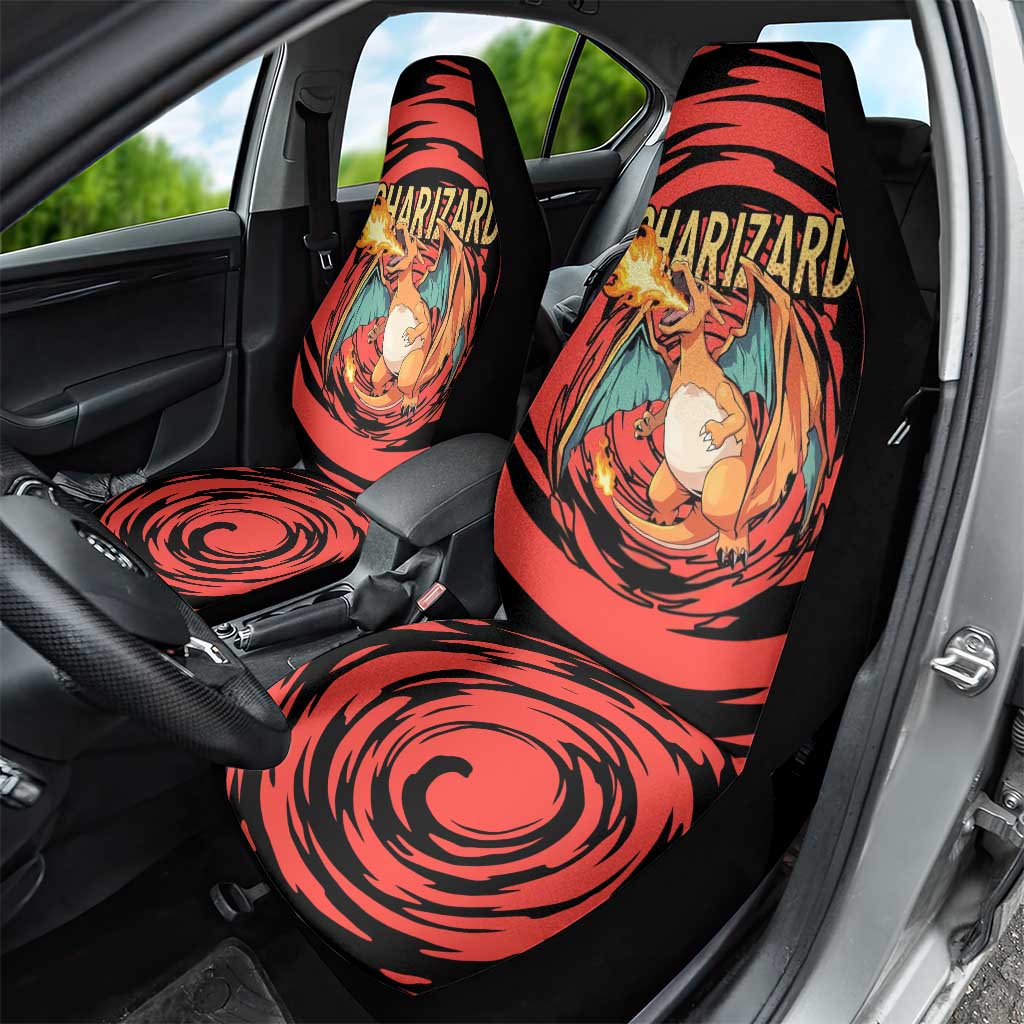 Charizard Pokémon Red and Black Swirl Design Car Seat Cover with Flames, Pokéball Accents, and Dynamic Fire-Breathing Pose - The Mazicc