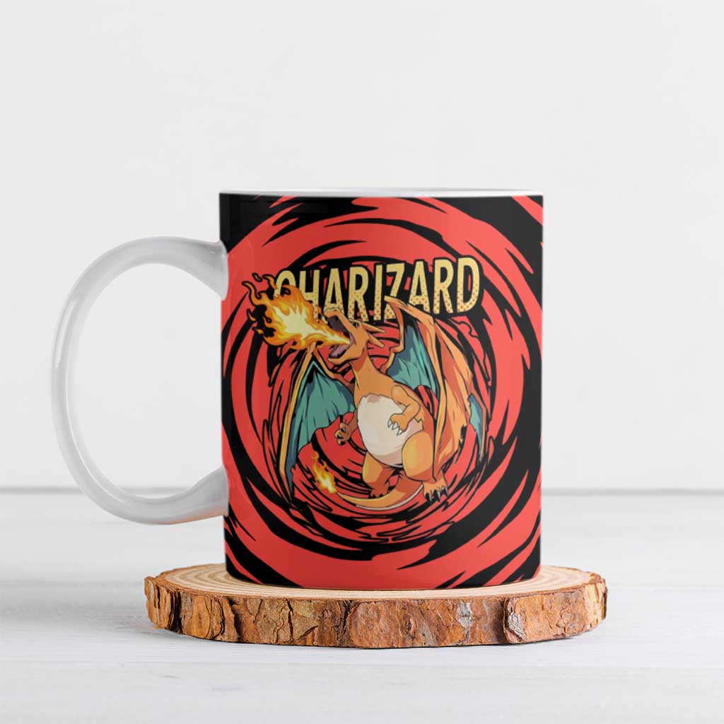 Charizard Pokémon Red and Black Swirl Design Ceramic Mug with Flames, Pokéball Accents, and Dynamic Fire-Breathing Pose - The Mazicc
