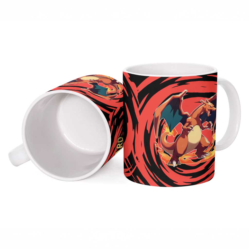 Charizard Pokémon Red and Black Swirl Design Ceramic Mug with Flames, Pokéball Accents, and Dynamic Fire-Breathing Pose - The Mazicc