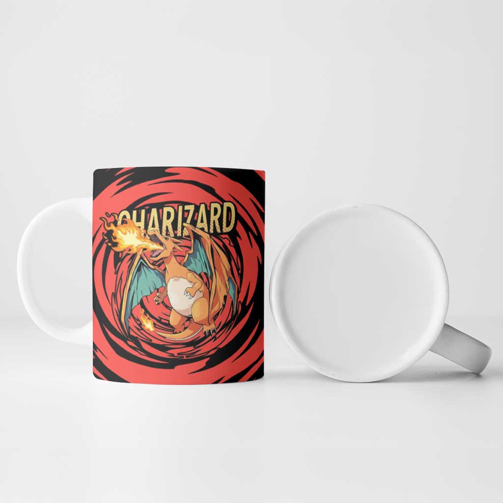Charizard Pokémon Red and Black Swirl Design Ceramic Mug with Flames, Pokéball Accents, and Dynamic Fire-Breathing Pose - The Mazicc