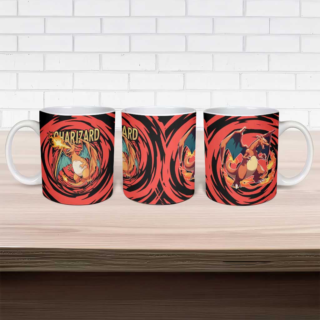 Charizard Pokémon Red and Black Swirl Design Ceramic Mug with Flames, Pokéball Accents, and Dynamic Fire-Breathing Pose - The Mazicc