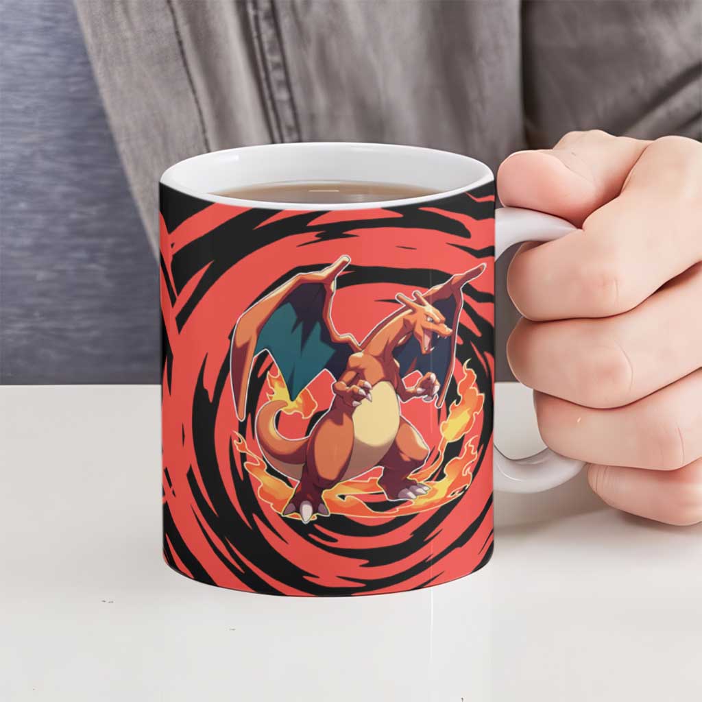 Charizard Pokémon Red and Black Swirl Design Ceramic Mug with Flames, Pokéball Accents, and Dynamic Fire-Breathing Pose - The Mazicc