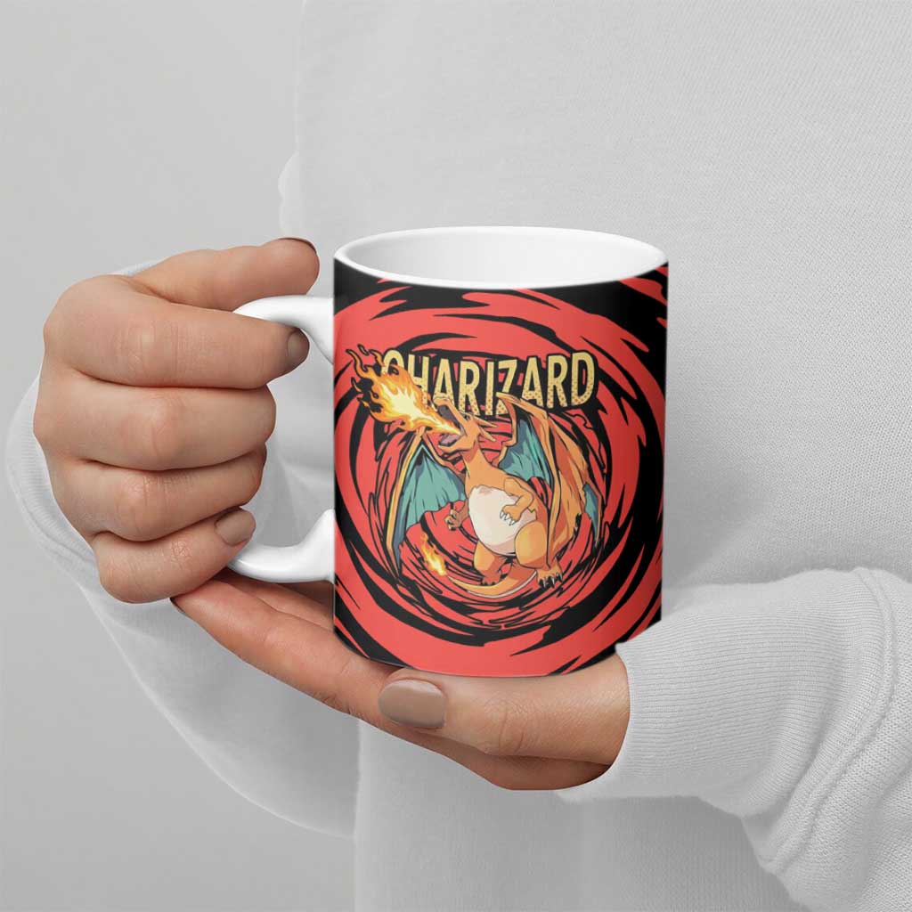 Charizard Pokémon Red and Black Swirl Design Ceramic Mug with Flames, Pokéball Accents, and Dynamic Fire-Breathing Pose - The Mazicc