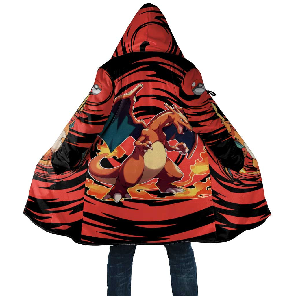 Charizard Pokémon Red and Black Swirl Design Cloak with Flames, Pokéball Accents, and Dynamic Fire-Breathing Pose - The Mazicc